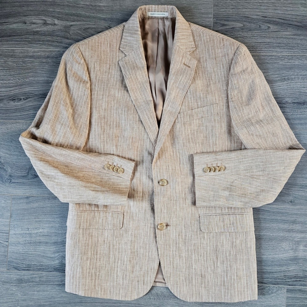 Ralph Lauren Linen Suit Men's 40S Tan Pinstripe Trim Fit Jacket Pants W33x30 - Picture 4 of 16
